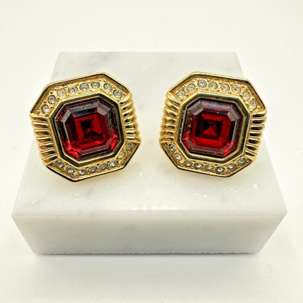 Vintage Swarovski Gold Tone Red Stone Crystal w/ Diamond Accents